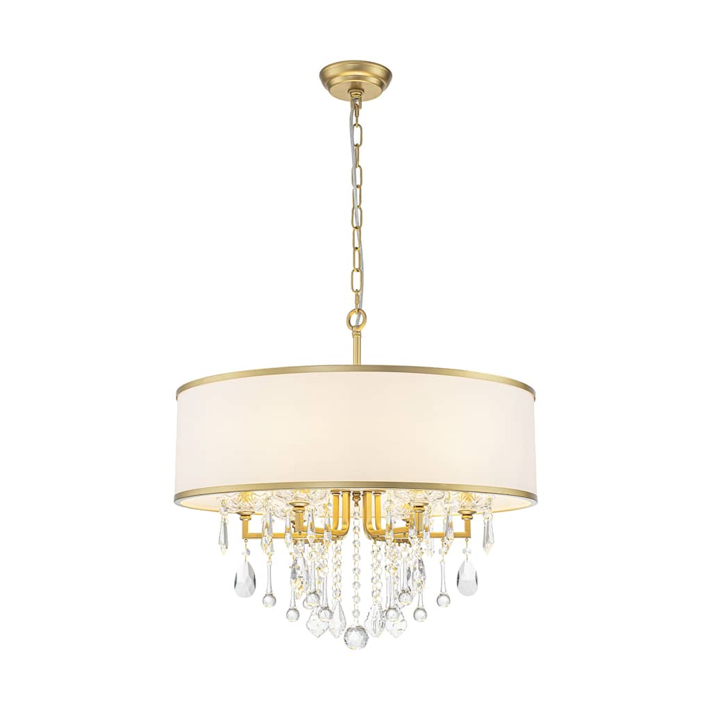 6-Light Modern Elegant Gold Drum Fabric Shade Adjustable Height with Crystal Accent Chandelier for Dining Room & Bedroom