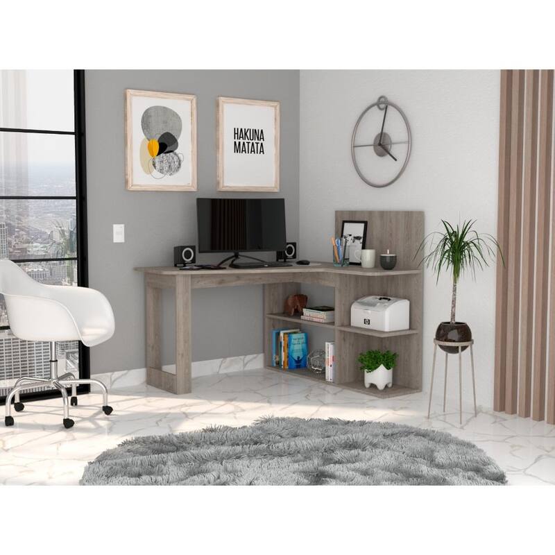 L-Shaped Writing Computer Desk with 5 Open Shelves, Right Return, and Stylish Hutch for Home Office or Study
