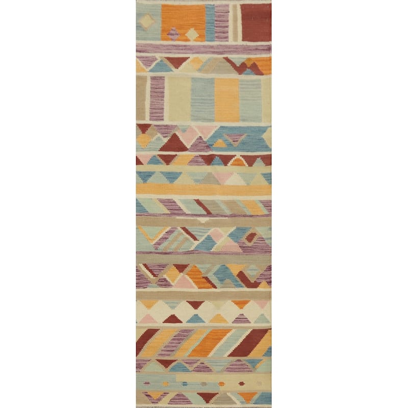 Hand Woven Oriental 100% Wool Carpet Southwestern Geometric Multi-Colored Kilim Runner Rug - 8' 2'' X 2' 0''
