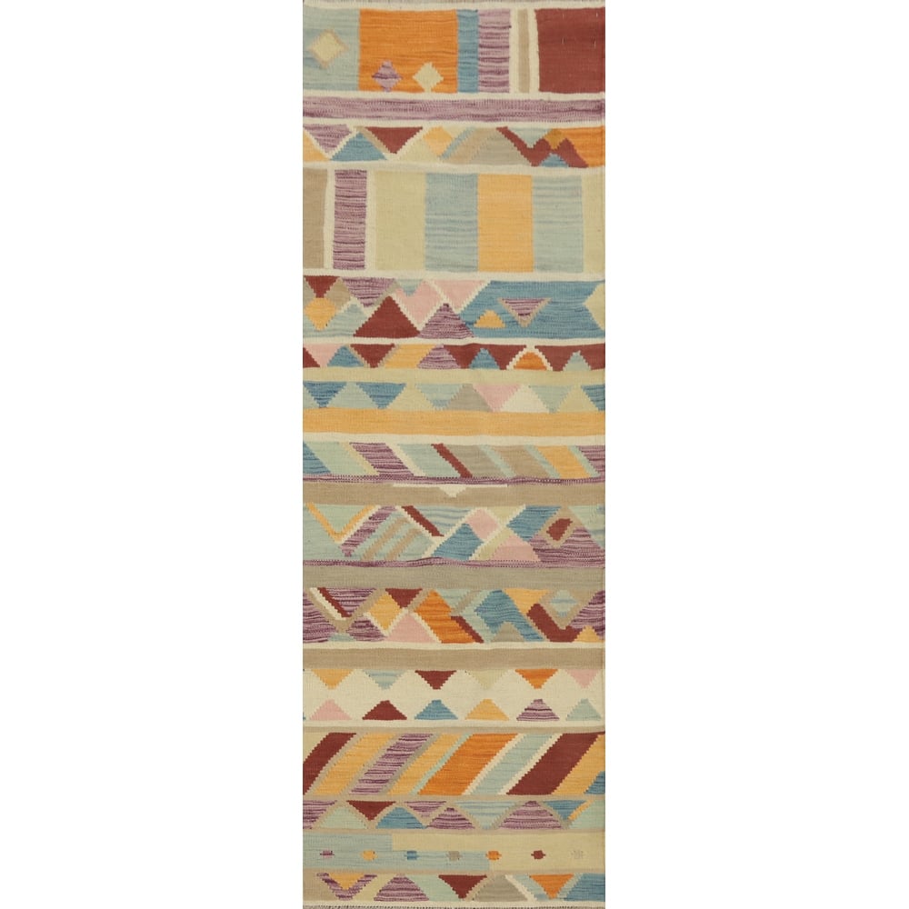 Hand Woven Oriental 100% Wool Carpet Southwestern Geometric Multi-Colored Kilim Runner Rug - 8' 2'' X 2' 0''