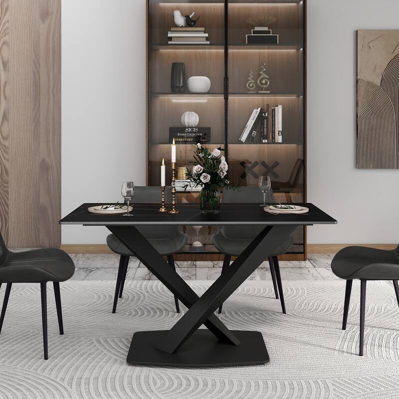 White 55 Inch Sintered Stone Kitchen Table with X-Shape Carbon Steel Pedestal, Minimalist Sintered Stone Tabletop