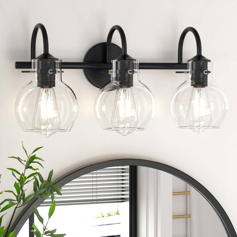 Modern 2/3/4 Bathroom Vanity Lights Clear Globe Glass Shade - 3-Light/17.3" - Black