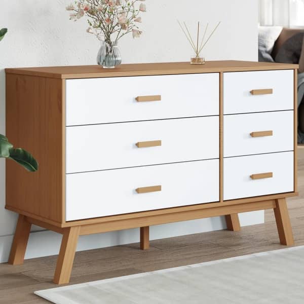 slide 2 of 5, vidaXL Drawer Cabinet OLDEN White and Brown Solid Wood Pine