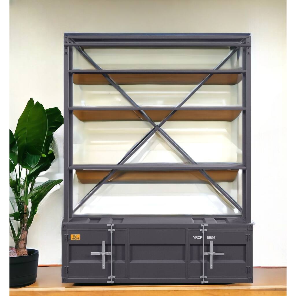 83" Gray Four Tier Cargo Style Bookcase with Cabinets and Ladder