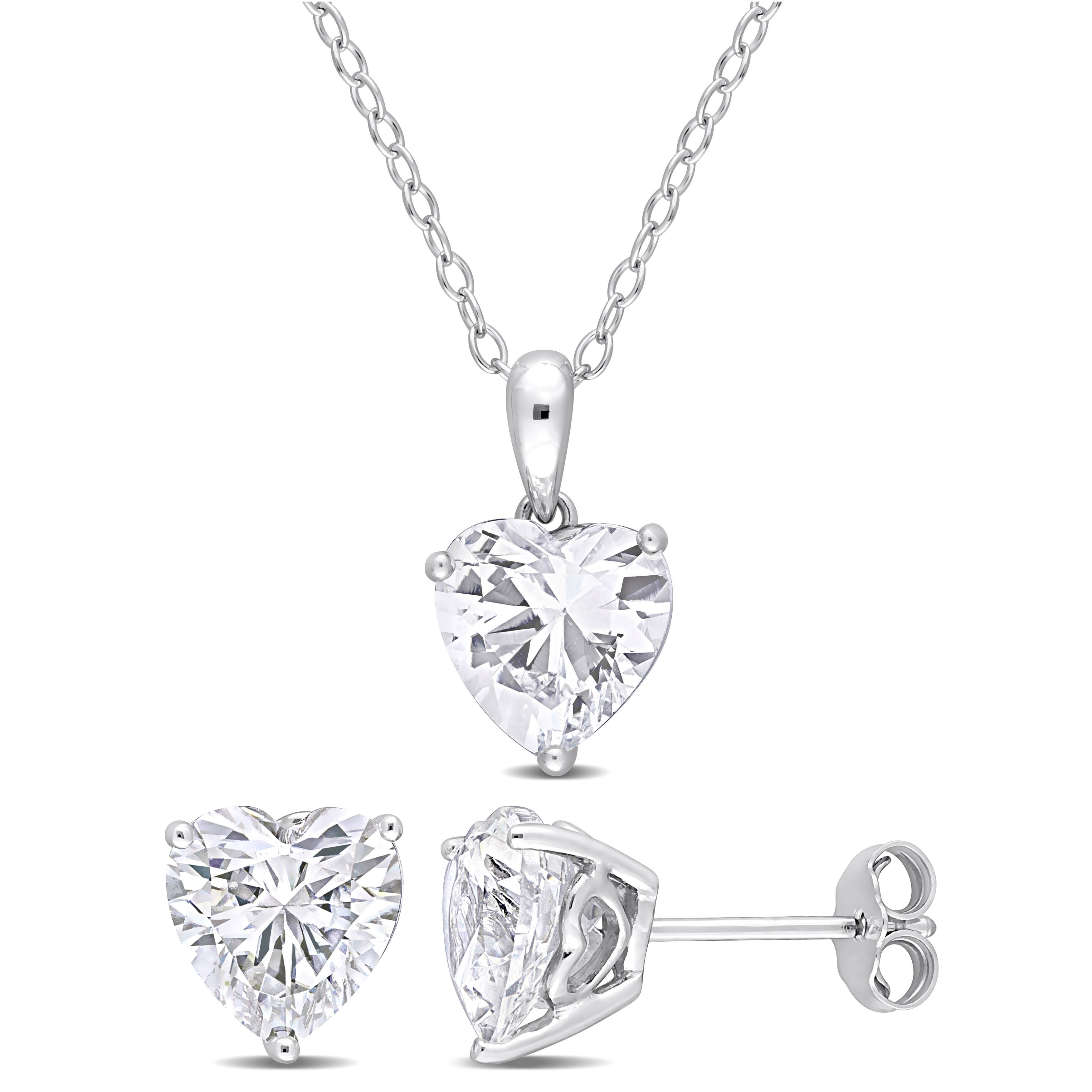 Miadora 6 3/4ct TGW Heart-Shape Created White Sapphire ecklace and Earrings Set Sterling Silver