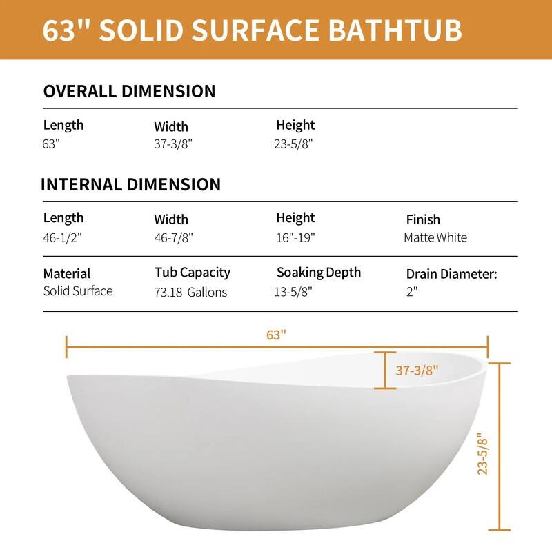 ABRUZZO 63" x 37" Freestanding Solid Surface Soaking Bathtub with Overflow & Pop-up Drain