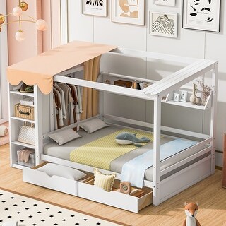 White Full Size Solid Wood House Bed with Two Drawers, Roof and Wardrobe for Kids, Boys and Girls, Bedroom
