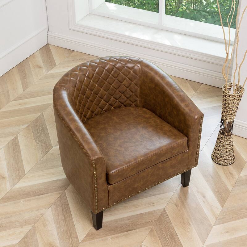 KINWELL PU Leather Tufted Barrel Chair Club Armchair with Nailheads
