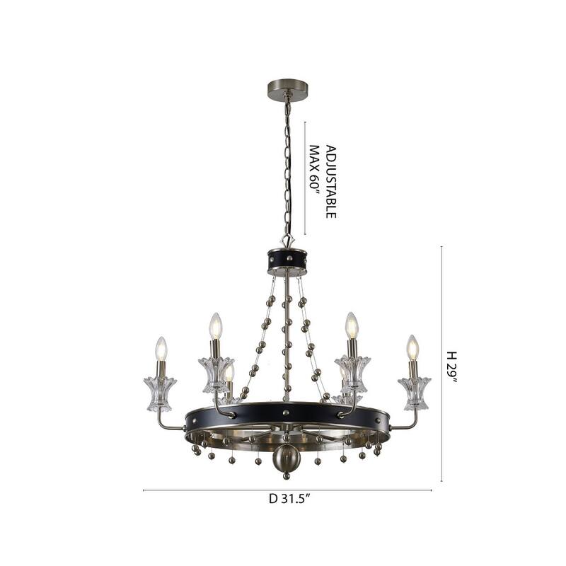 6-Light Satin Nickel And Black Chandelier With Clear Glass Accents