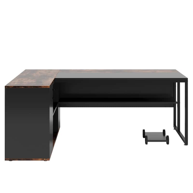 71" L-Shaped Executive Desk with Storage Cabinet & Shelves, Rustic Brown and Black