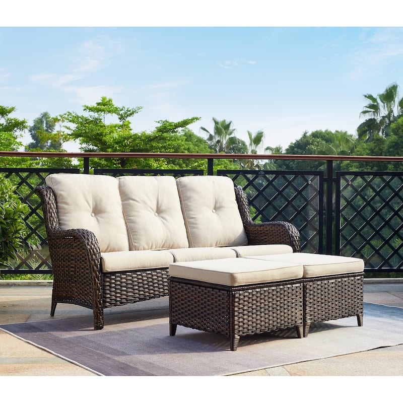 Gymojoy 3-Piece Outdoor Patio High-back Wicker Sectional Ottoman Set - Beige