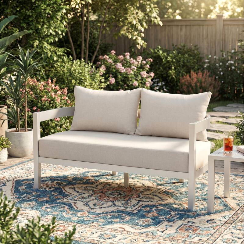 Christopher Knight Home - Modern 52.6" Outdoor Curved Back 2-Seater Loveseat with Aluminum Frame & Water-Resistant Cushions