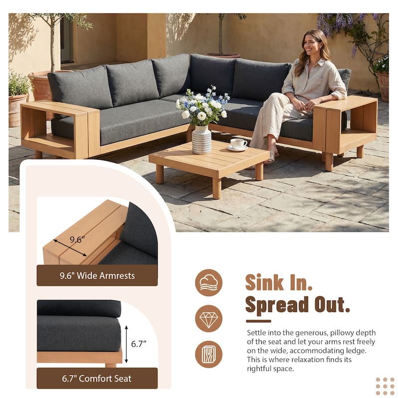 Outdoor 4-Piece Conversation Set Solid Eucalyptus Wood L-Shaped Sectional Sofa with Coffee Table