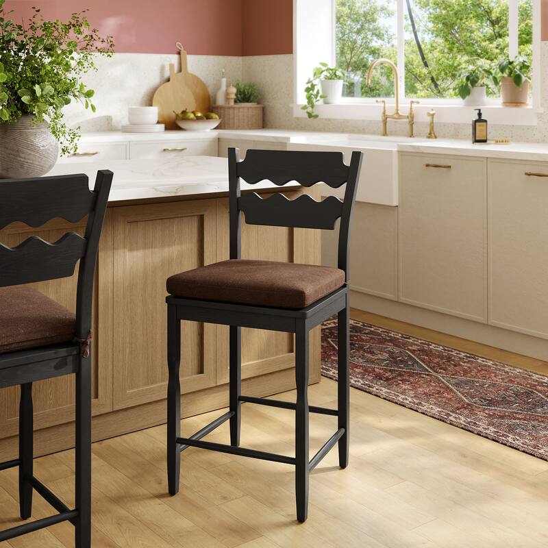 Jax Oak Wood Counter Stool With Wavy Razor Back and Cushion - Black Cocoa