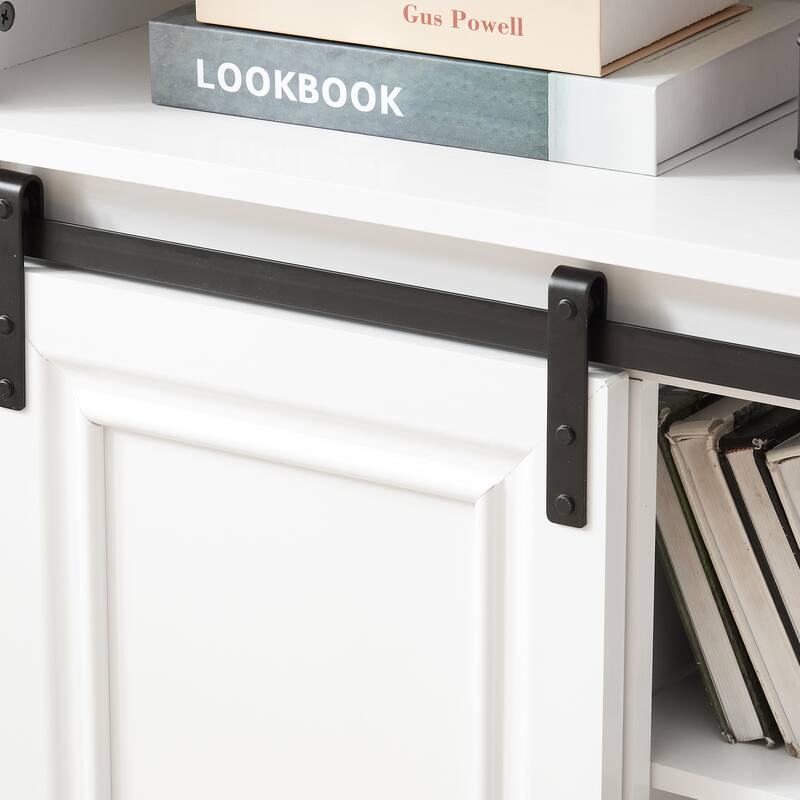 Medieval-Style TV Stand Multi-Functional Sliding Door TV Cabinet with 2 Storage Cabinets and Open Shelves, For Living Room