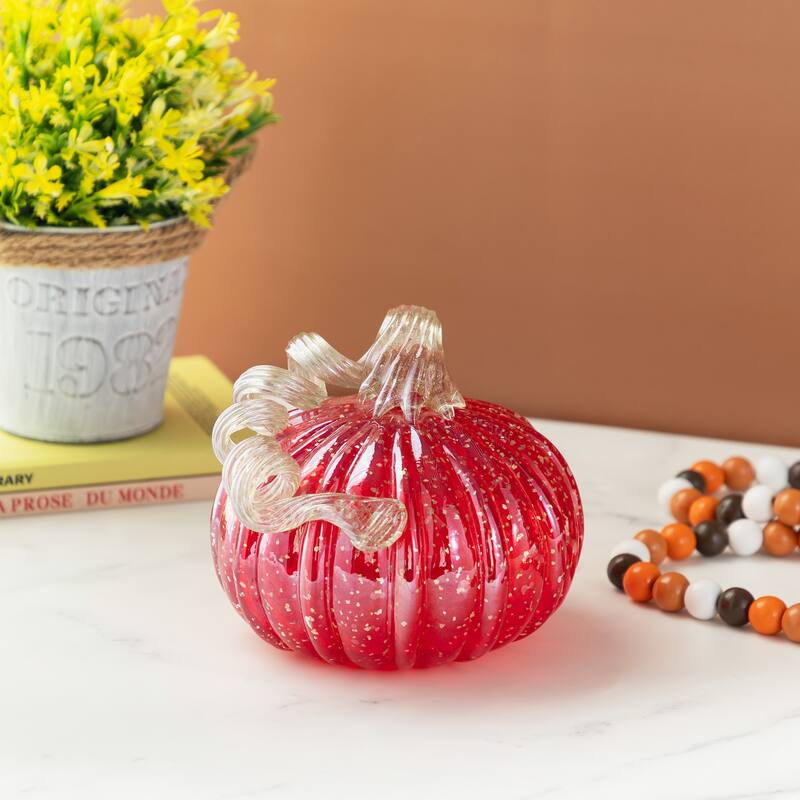 Glitzhome Set of 3 Fall Harvest Red Glass Pumpkin & Gourd with Glitter Thanksgiving Decorating