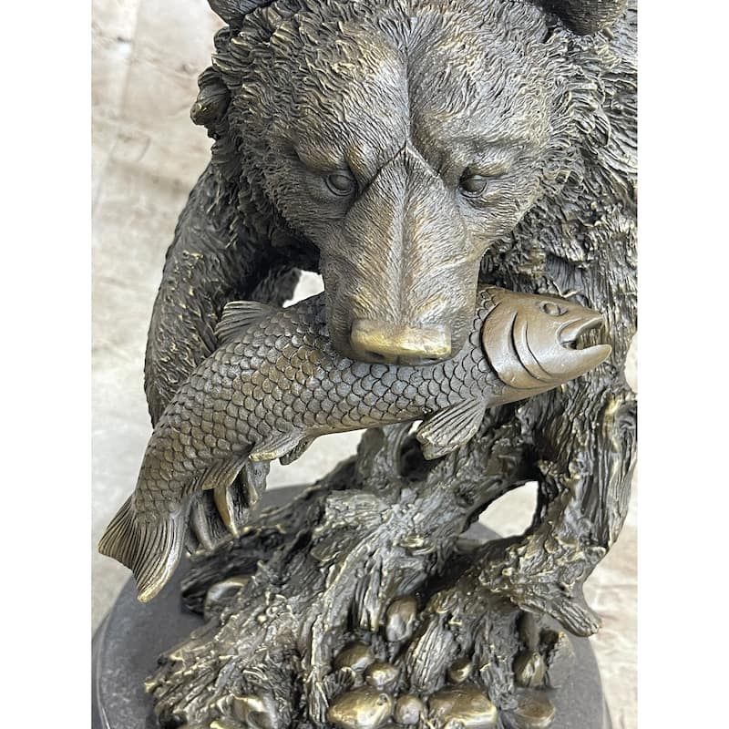 Bear Catching Salmon Bronze Metal Bust Statue Sculpture Original Art On Marble Base