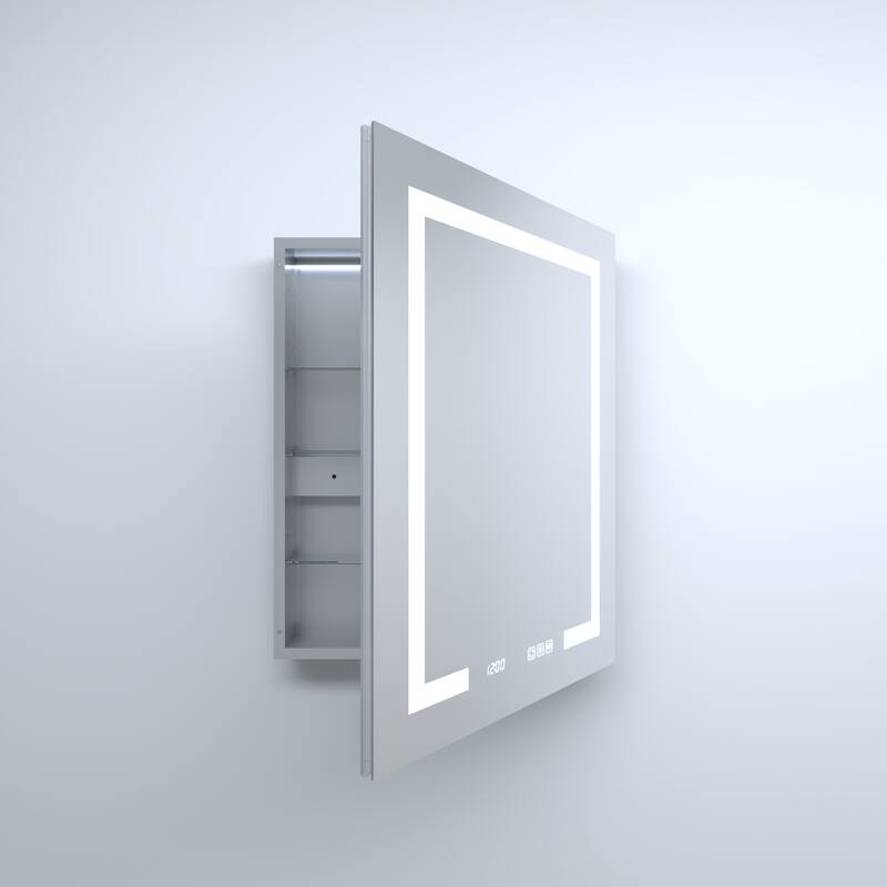 Rectangular Aluminum Recessed/Surface Mount Medicine Cabinet in Silver with Mirror LED and Clock