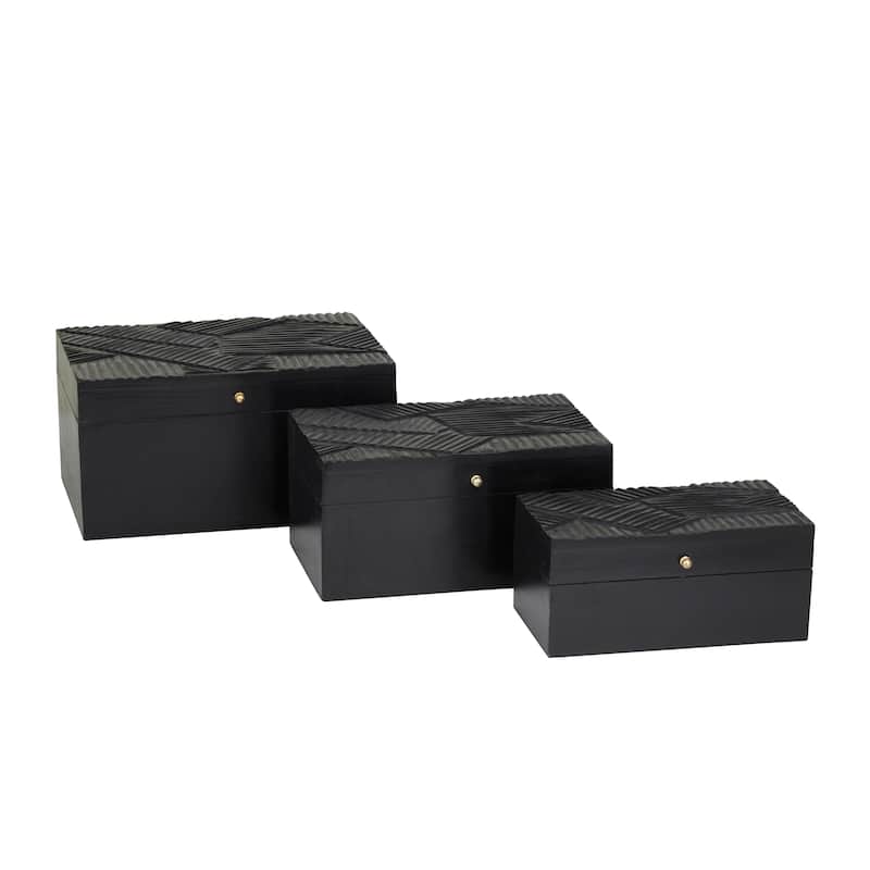 Wood Intricate Carved Box with Hinged Lid (Set of 3) - S/3 12, 10, 9"W