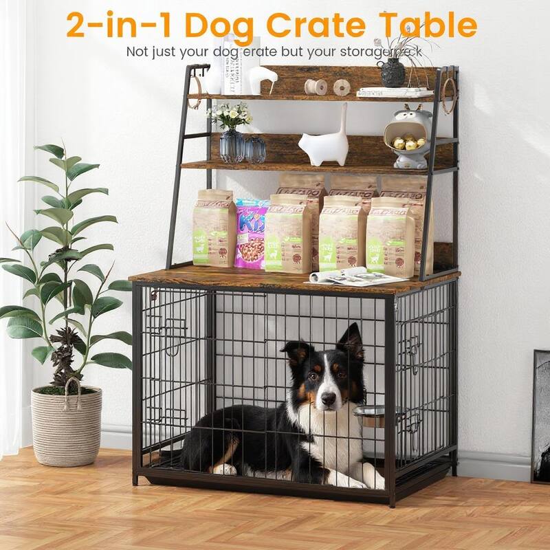 Heavy Duty Dog Crate Furniture, Adjustable Bowls, with 3 Shelves
