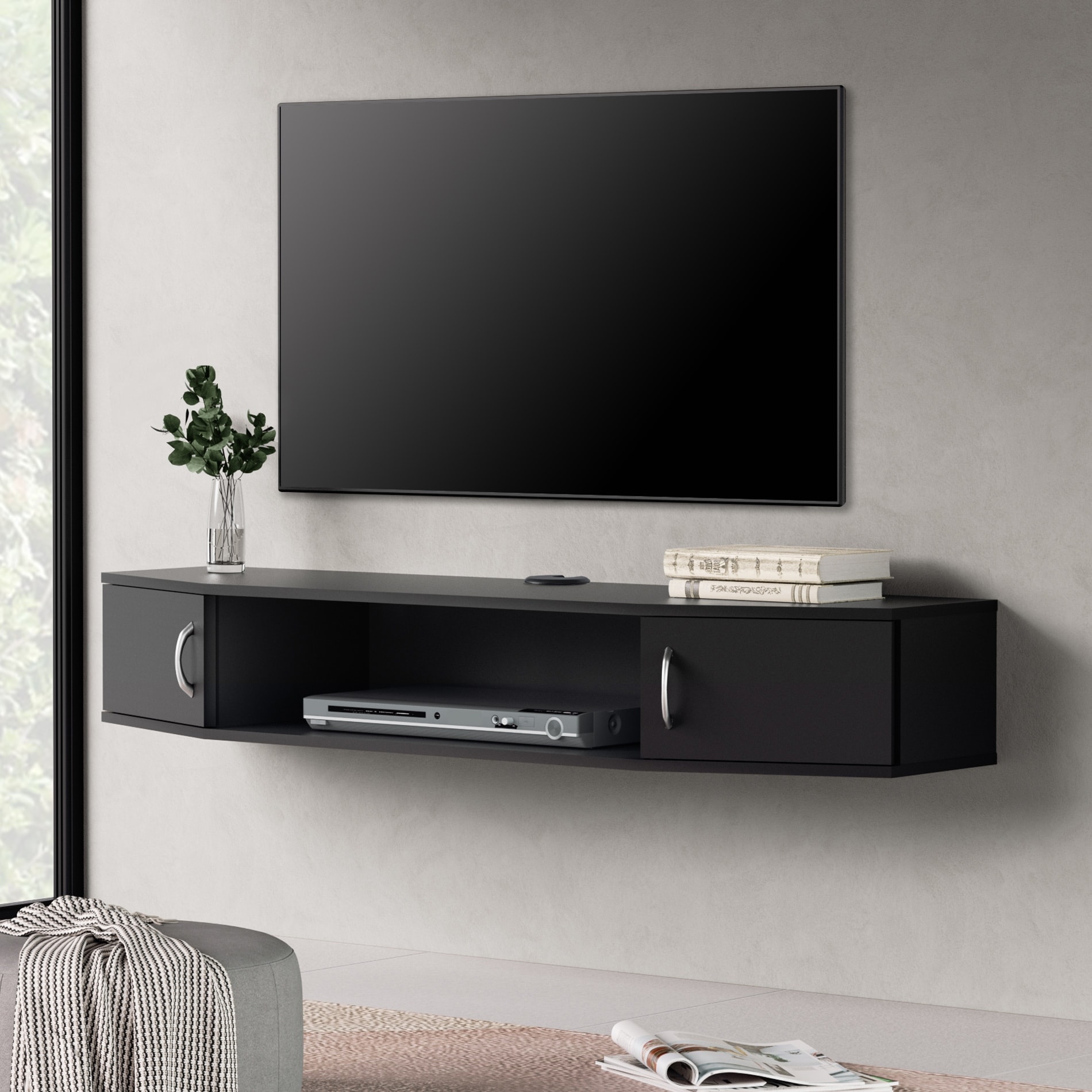 Floating TV Stand Wall Mounted TV Shelf with 2 Door,Black