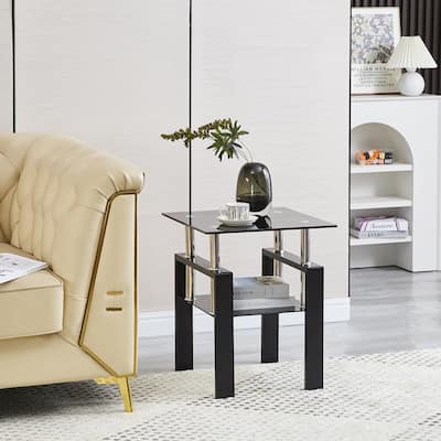 Tempered Black Glass Sofa Table, 2-Layers End Table with Storage, Living Room Side Table