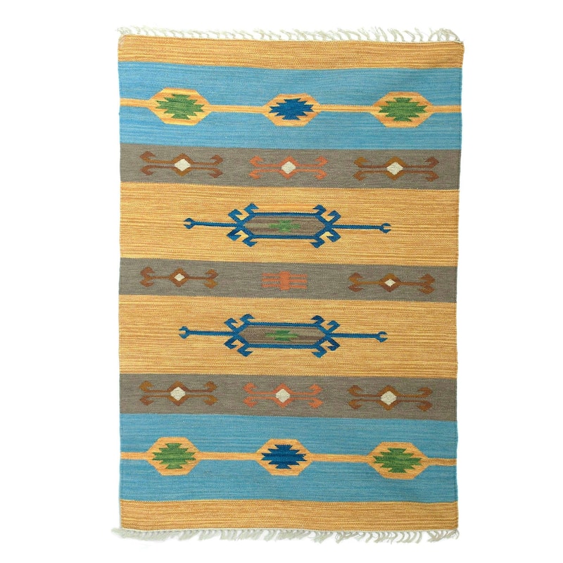 Handmade Beach-Side Brilliance Wool dhurrie rug (India) - Big