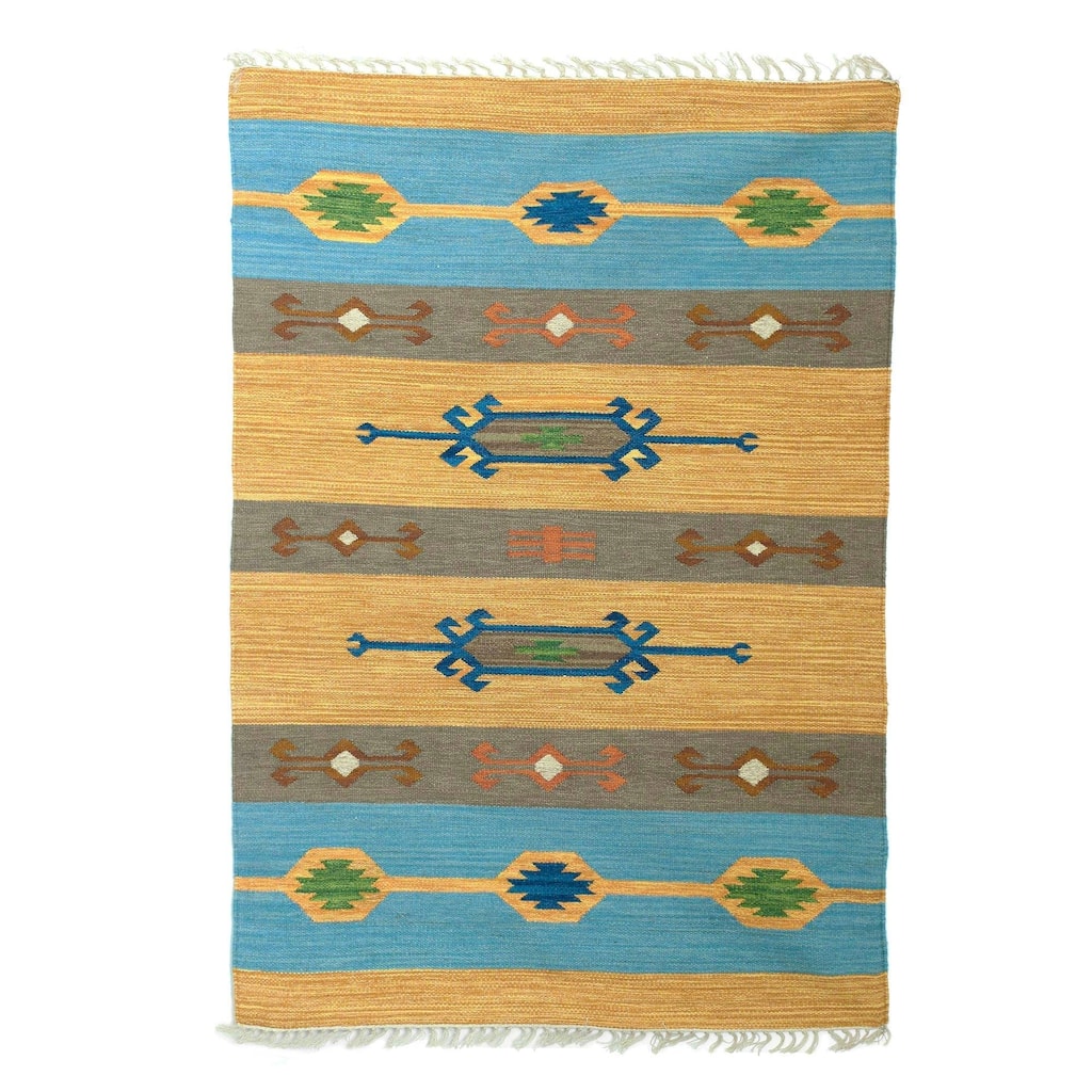 Handmade Beach-Side Brilliance Wool dhurrie rug (India) - Big