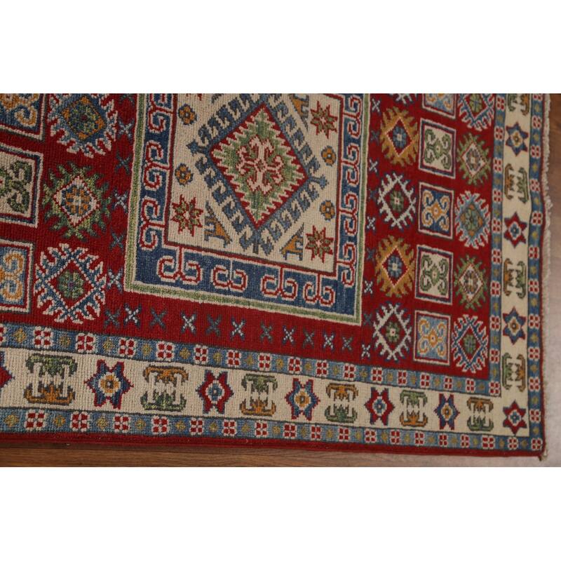 Red Traditional Geometric Kazak Oriental Wool Runner Rug Hand-knotted - 2'9" x 9'9"