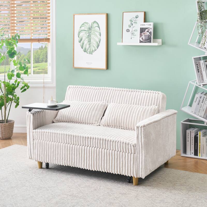 Beige Corduroy Pull-out and Push-in Sofa with Movable Tabletop and USB Ports