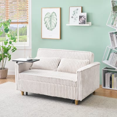 Beige Corduroy Pull-out and Push-in Sofa with Movable Tabletop and USB Ports