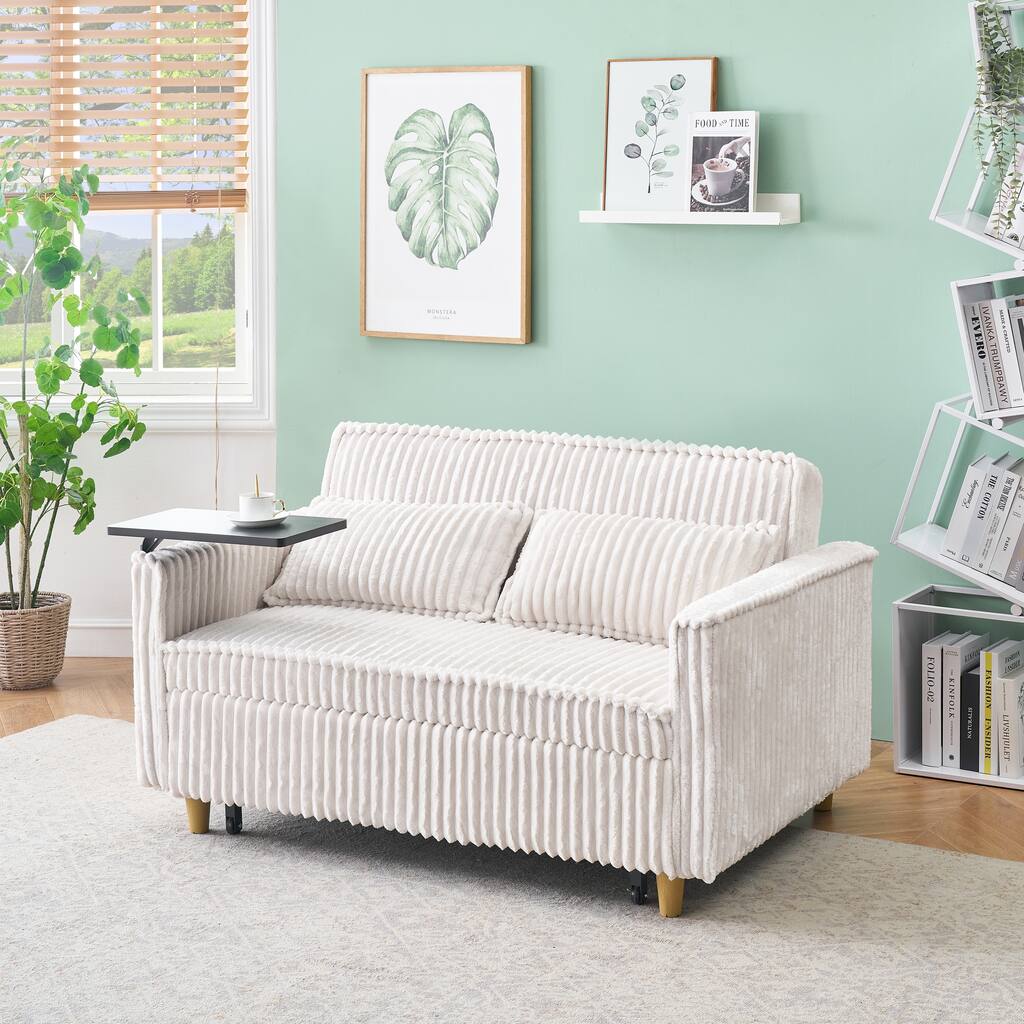 Beige Corduroy Pull-out and Push-in Sofa with Movable Tabletop and USB Ports