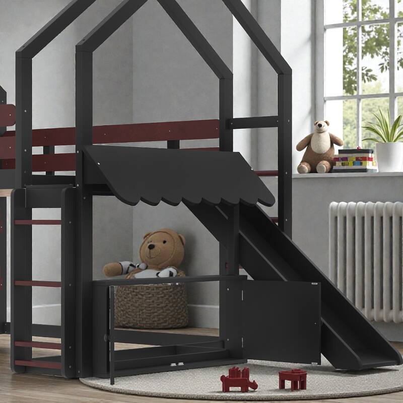 Full Size Kids Loft Bed with Bookshelf and Slide, House-Shaped Play Bed with Stairs, Safety Guardrails