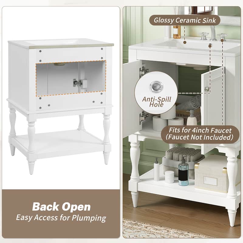 24 inch Modern Luxury Bathroom Vanity with Ceramic Sink, Bathroom Cabinet with Open Shelf and Closed Storage