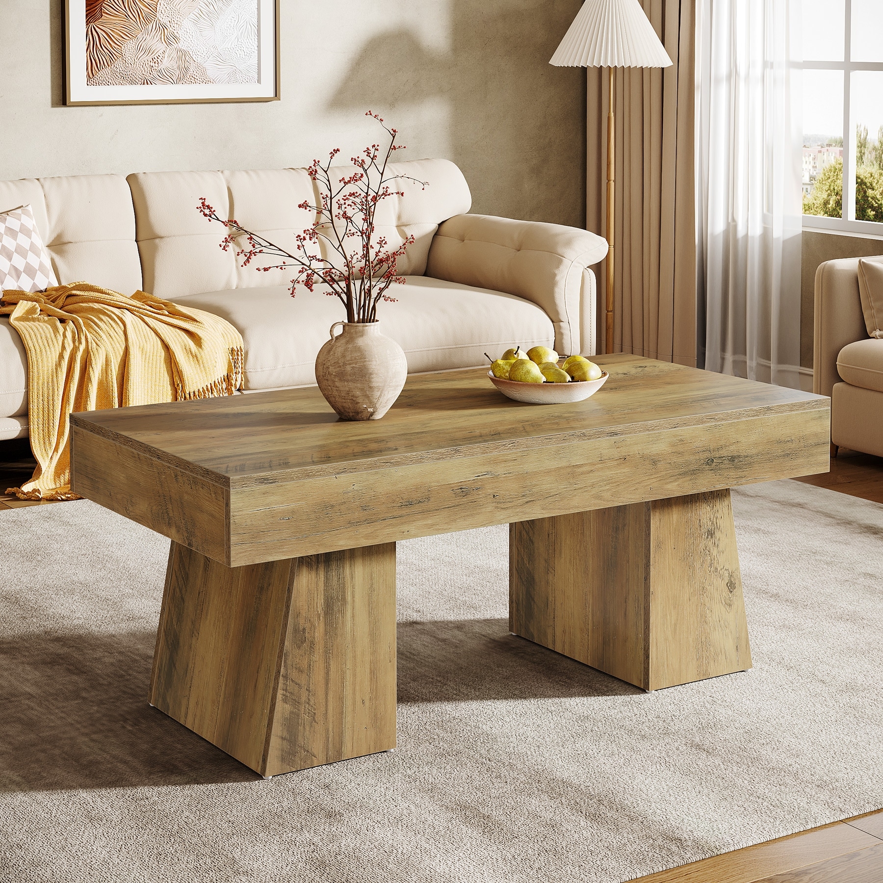 47" Rectangular Coffee Table with Double Pedestal, Wooden Sofa Tables for Living Room