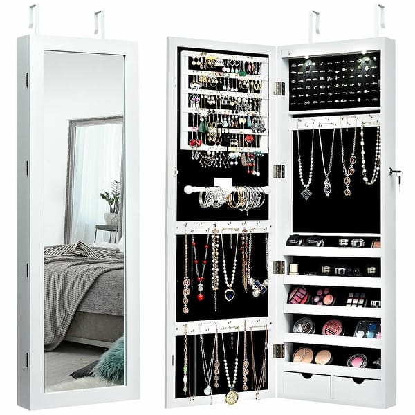 Shop Lockable Wall Mount Mirrored Jewelry Cabinet With Led Lights