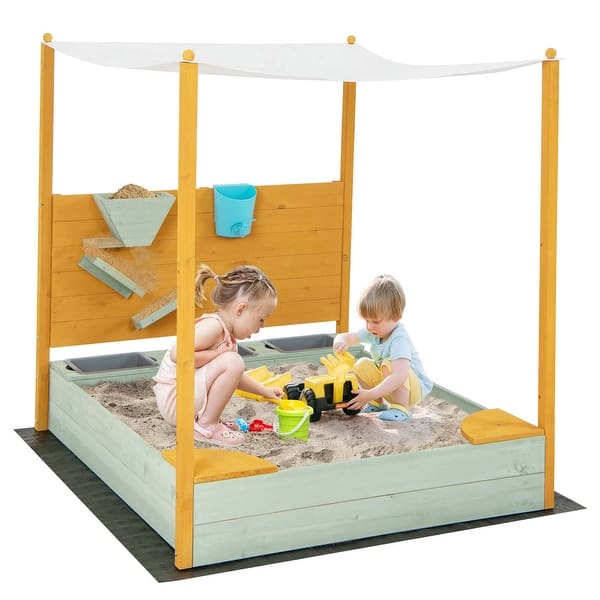 slide 2 of 6, Kids Wooden Sandpit w/Removable Canopy & Water Bucket & Storage Bins Natural + Green