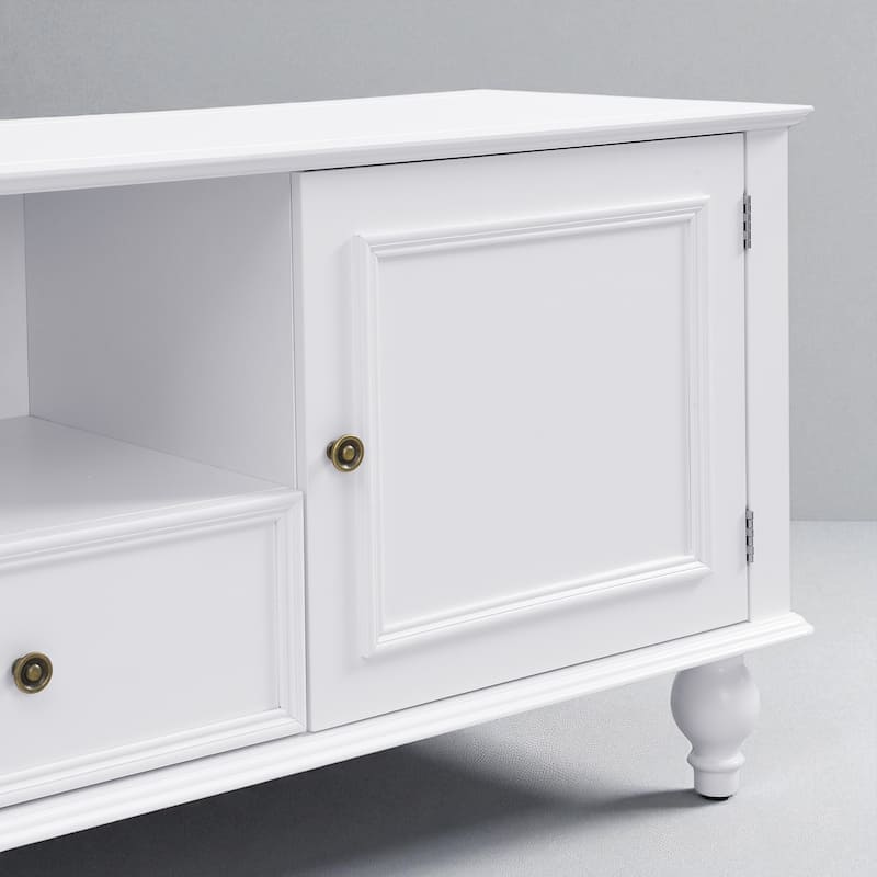 70.9" Modern TV Stand for TVs up to 80", Entertainment Center with 2 Cabinets, 2 Drawers, Open Shelf, Solid Wood Legs