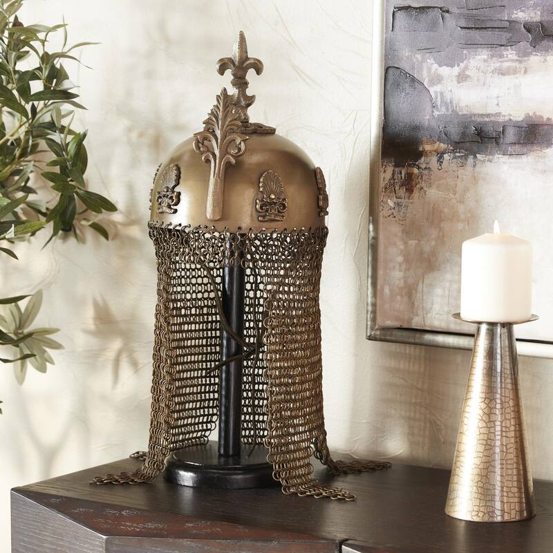 Metal Replica Medieval Ottoman Islamic Helmet with Black Wood Stand and Chainmail - Brass - Roche River Decor