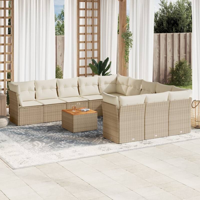 vidaXL Patio Sofa Set with Cushions Outdoor Furniture 12 Piece Poly Rattan - 24.4 x 24.4 x 27.2 - Beige and Cream