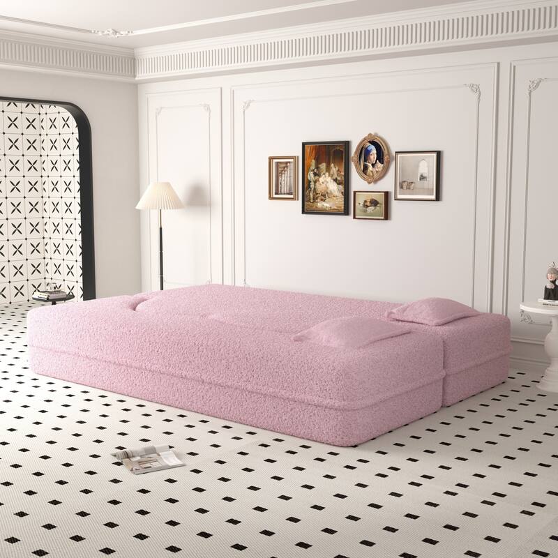 Modern Convertible Teddy Fabric Foam-Filled Sleeper Sofa Bed with 2 Pillows
