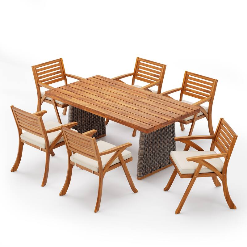 Christopher Knight Home - Elysande Outdoor Acacia Wood 7 Piece Dining Set with Rattan Legs and Water Resistant Cushions