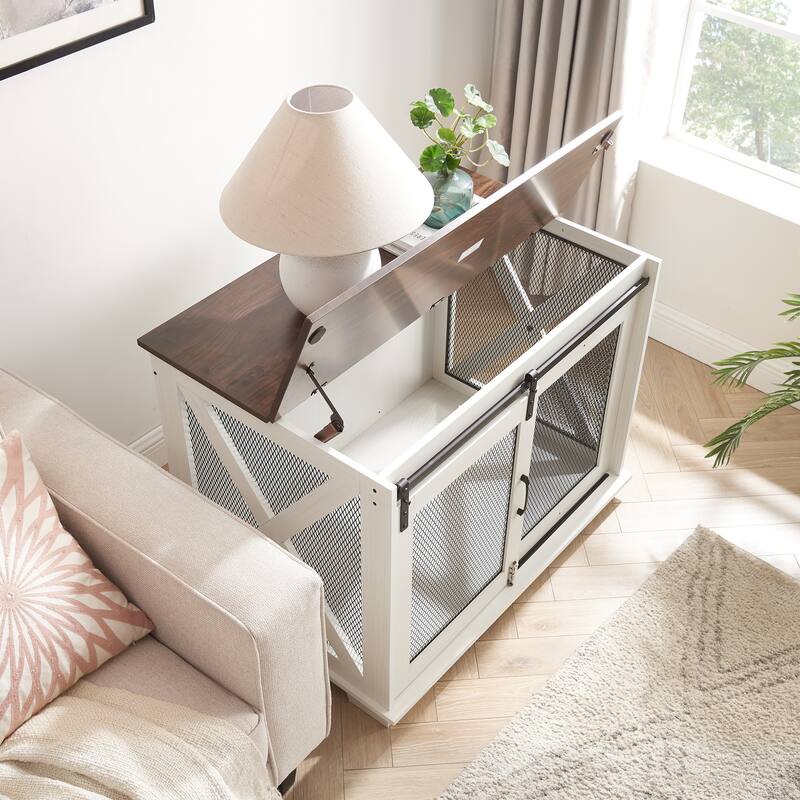 Flip-Top Plate Dog House Dog Cage Crate Furniture with Sliding Barn Door, Dog Kennel End Table with Detachable Divider