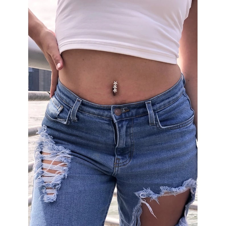 Curata Solid 14k Yellow or White Gold Marquise Flower Cubic Zirconia Top Mount Belly Button Ring Dangle (7mm x 24mm)