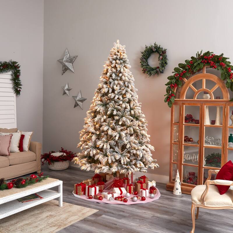 9ft Flocked Christmas Tree, Slim Pencil Artificial Tree with Lights, Holiday Decor - White - 108