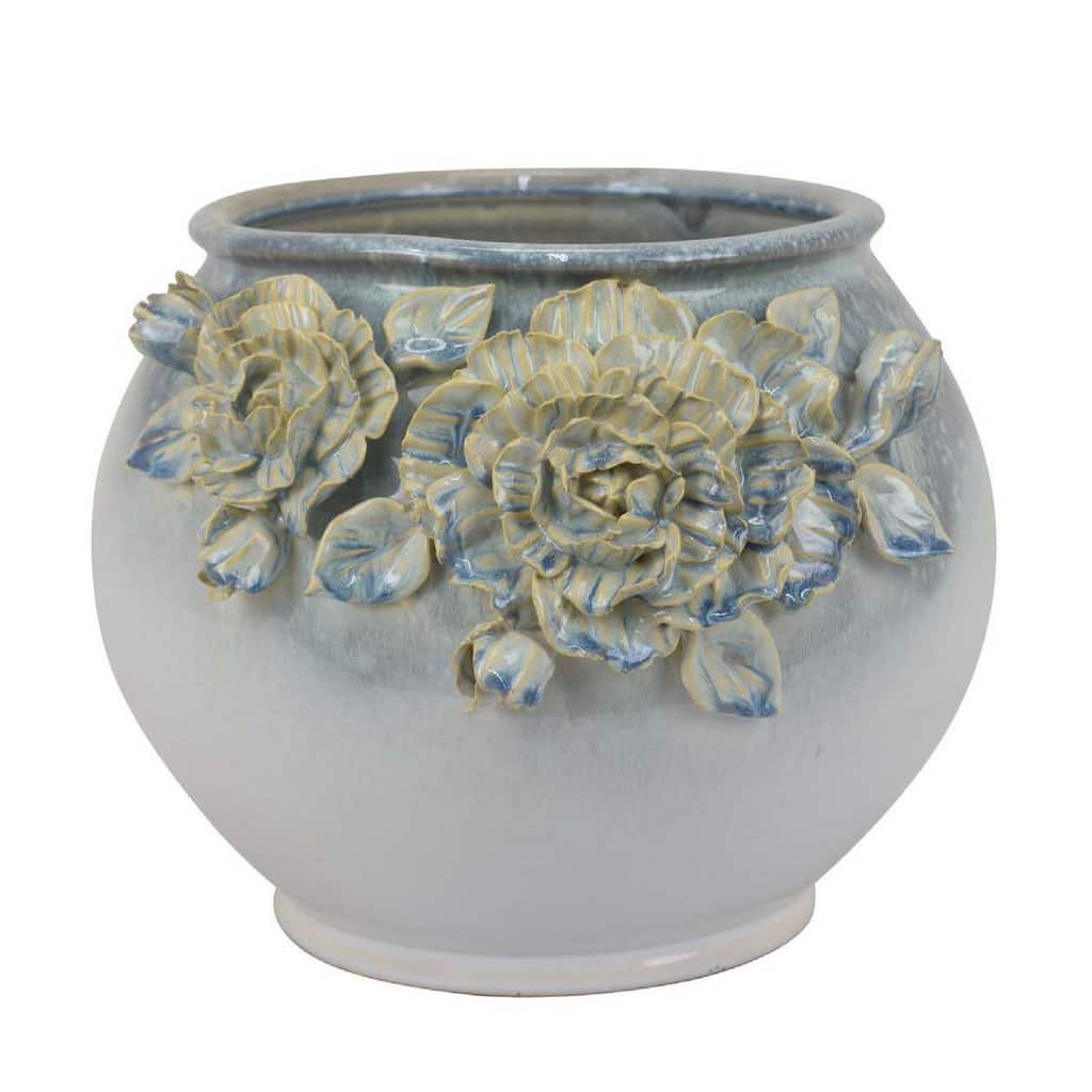 White Floral Ceramic Indoor Planter Pot for tabletops shelves entryway