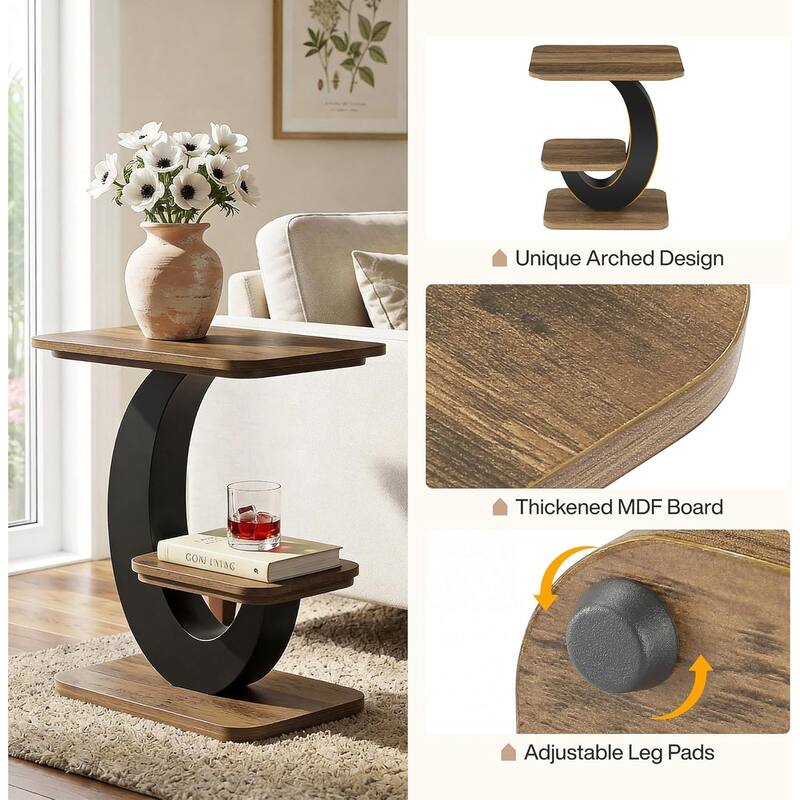 Industrial 2-Tier Narrow Side Table with Metal Arc Frame, Wooden End Table Nightstand with Storage Shelf for Small Spaces