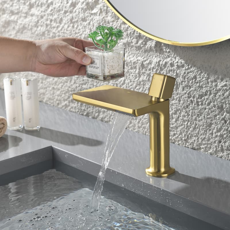 7.75"H Brass Waterfall Bathroom Sink Faucet, Vanity Single Handle One Hole Basin Modern Lavatory Faucet