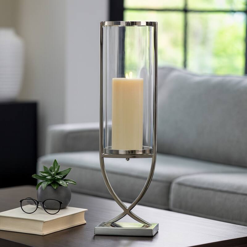 Modern Glass Pillar Candle Holder Decorative Lantern with Steel Frame