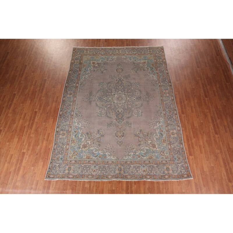 Beige & Gray Tabriz Persian Vintage Area Rug Handmade Wool Carpet - 9'4"x 12'5"